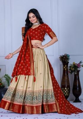 Red embroidered Poly Blend Lehenga Set With Dupatta