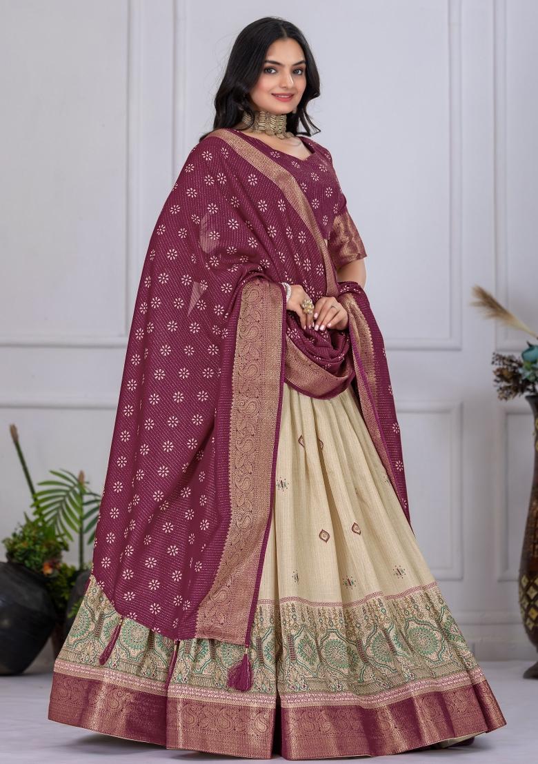 Wine embroidered Poly Blend Lehenga Set With Dupatta