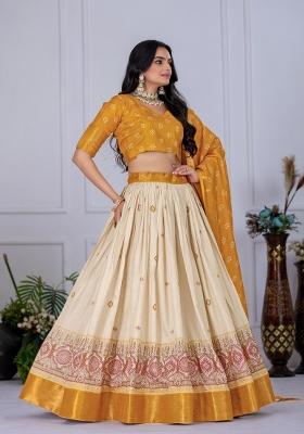 Yellow embroidered Poly Blend Lehenga Set With Dupatta