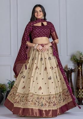 Wine embroidered Poly Blend Lehenga Set With Dupatta