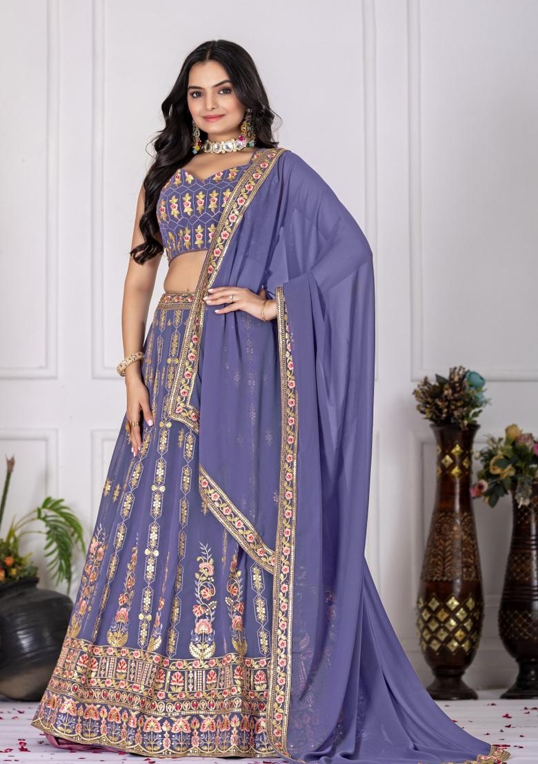 Lavender embroidered Georgette Lehenga Set With Dupatta