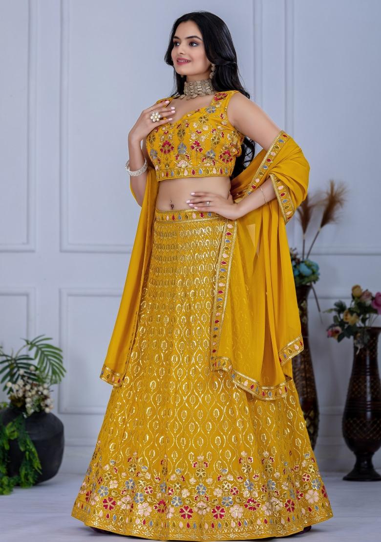 Yellow embroidered Georgette Lehenga Set With Dupatta