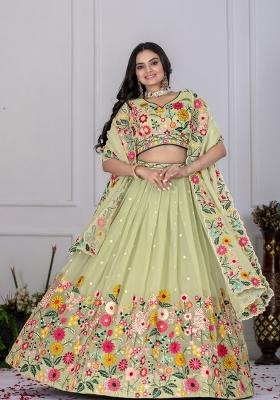 Pista Green embroidered Poly Blend Lehenga Set With Dupatta