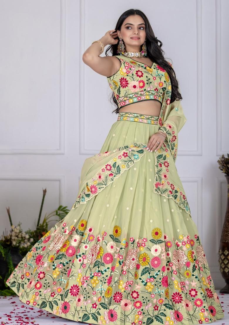 Pista Green embroidered Poly Blend Lehenga Set With Dupatta