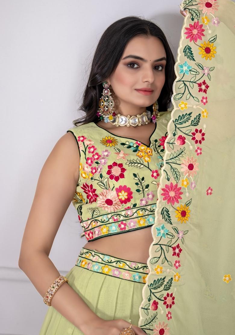 Pista Green embroidered Poly Blend Lehenga Set With Dupatta