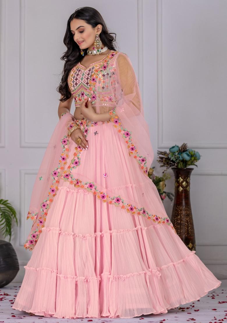 Pink embroidered Georgette Lehenga Set With Dupatta