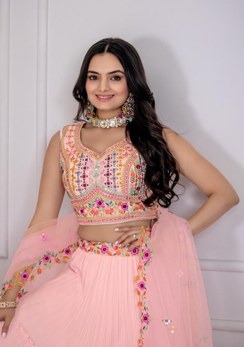 Pink embroidered Georgette Lehenga Set With Dupatta