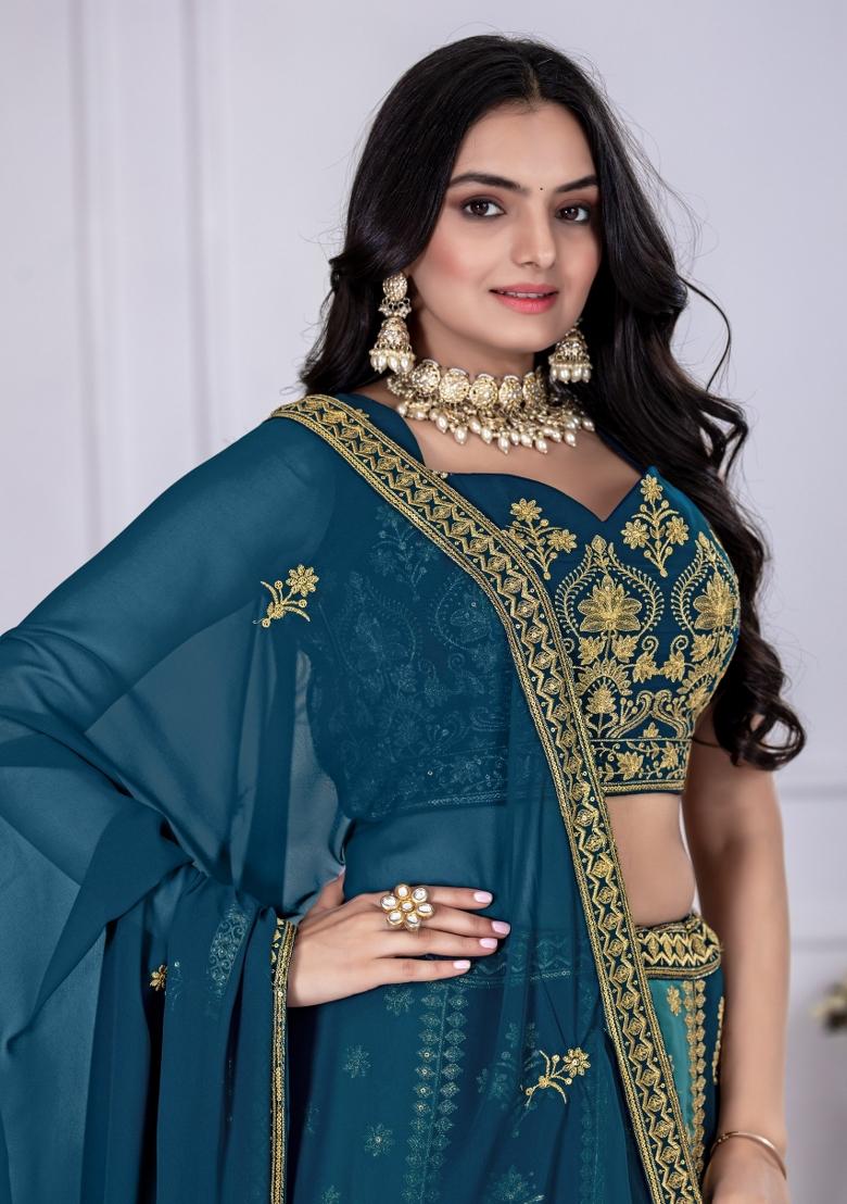 Blue embroidered Georgette Lehenga Set With Dupatta