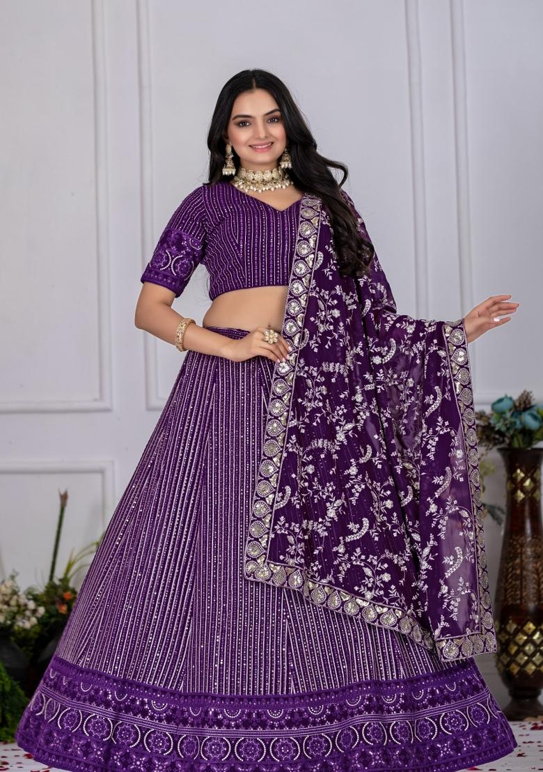 Purple embroidered Georgette Lehenga Set With Dupatta