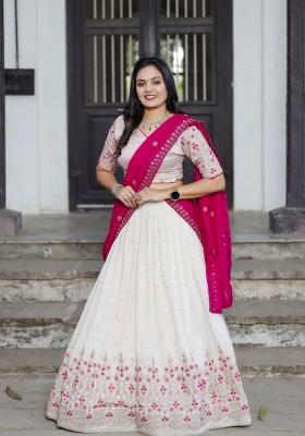 White embroidered Vichitra  Lehenga Set With Dupatta