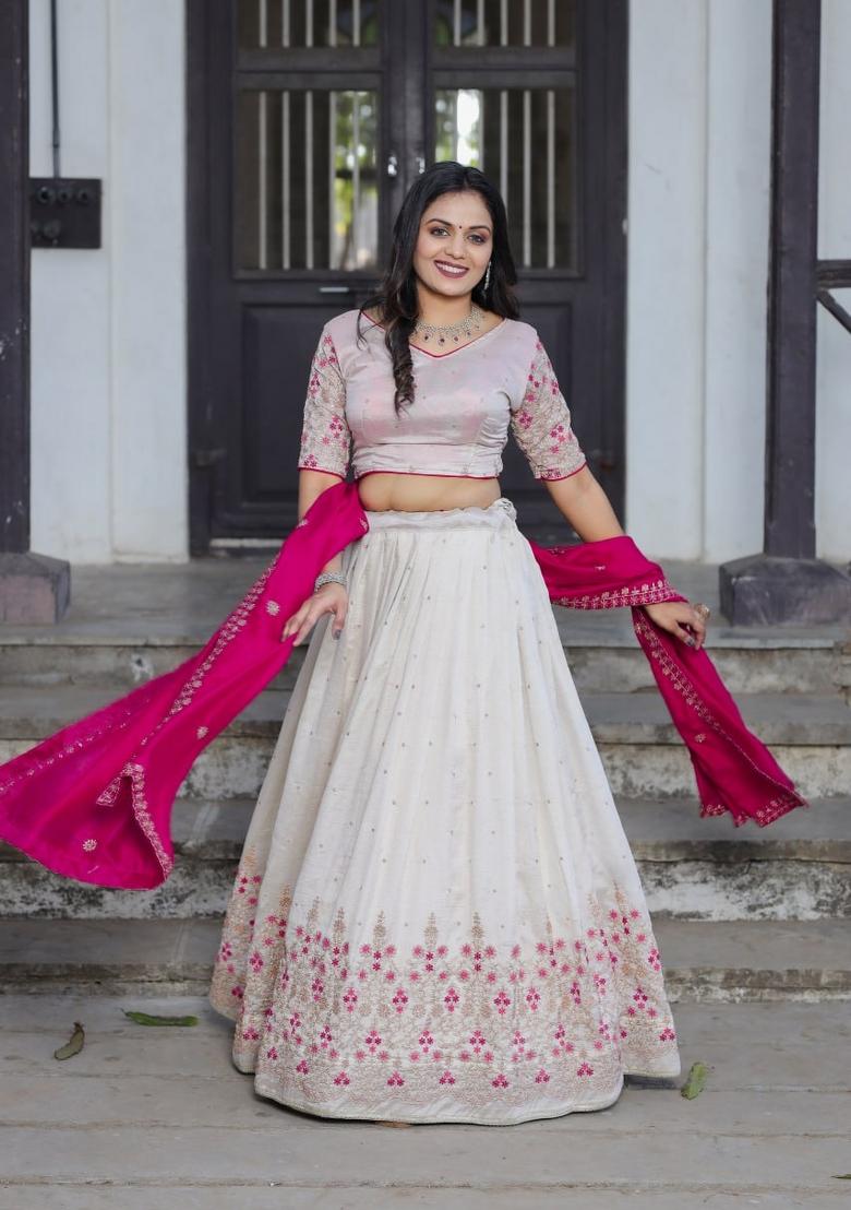 White embroidered Vichitra  Lehenga Set With Dupatta