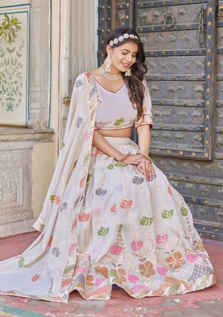 White embroidered Vichitra  Lehenga Set With Dupatta