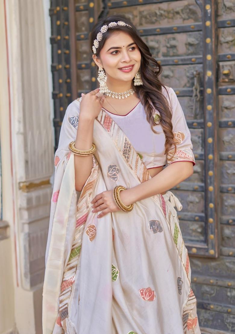 White embroidered Vichitra  Lehenga Set With Dupatta