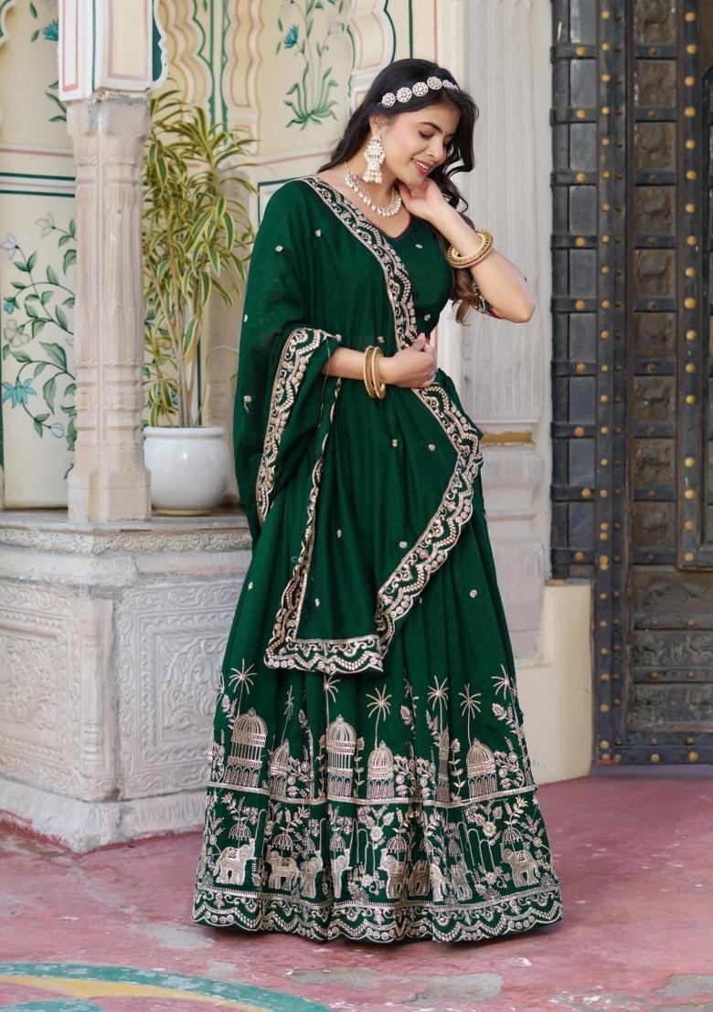 Green embroidered Georgette Lehenga Set With Dupatta