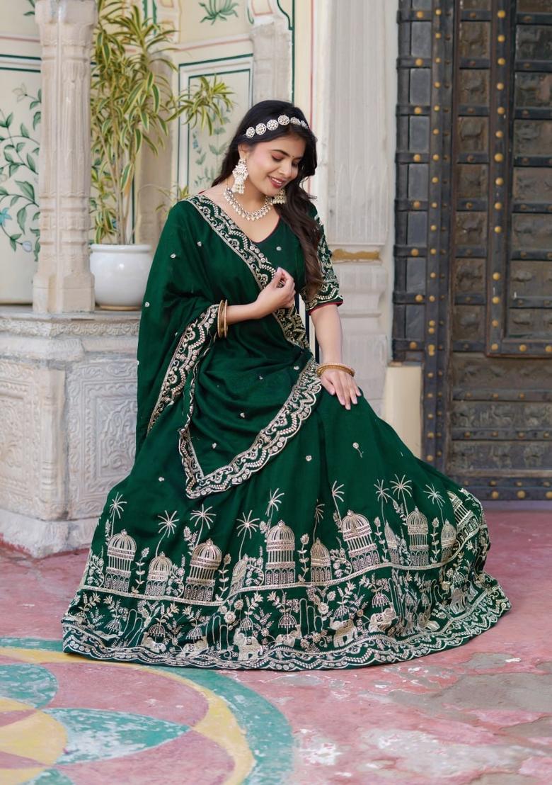Green embroidered Georgette Lehenga Set With Dupatta