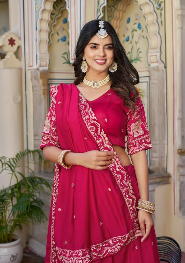 Pink embroidered Georgette Lehenga Set With Dupatta