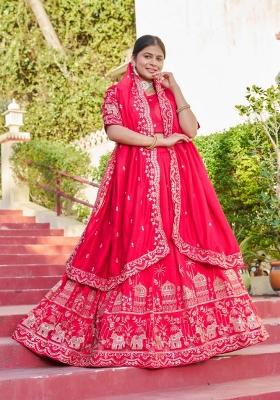 Red embroidered Georgette Lehenga Set With Dupatta