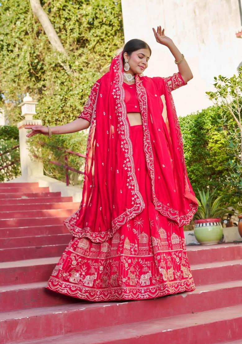 Red embroidered Georgette Lehenga Set With Dupatta