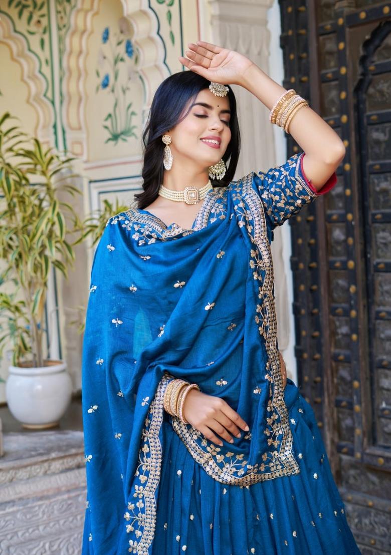 Blue embroidered Georgette Lehenga Set With Dupatta