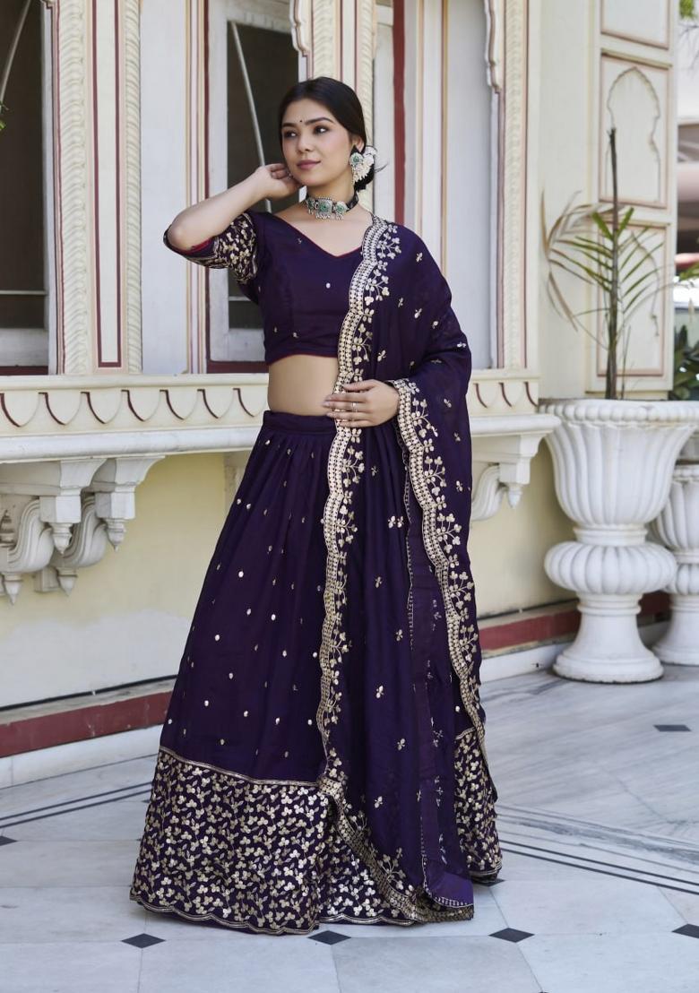 Purple embroidered Georgette Lehenga Set With Dupatta