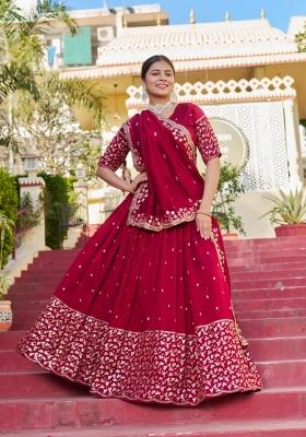 Red embroidered Georgette Lehenga Set With Dupatta