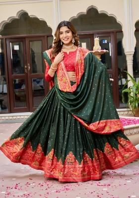 Green embroidered Viscose Lehenga Set With Dupatta