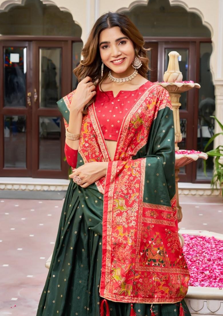 Green embroidered Viscose Lehenga Set With Dupatta