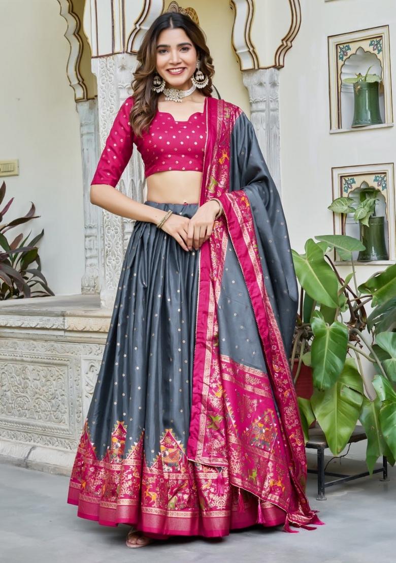 Grey embroidered Viscose Lehenga Set With Dupatta