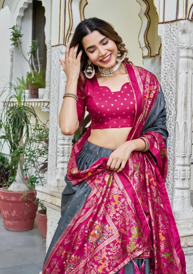 Grey embroidered Viscose Lehenga Set With Dupatta