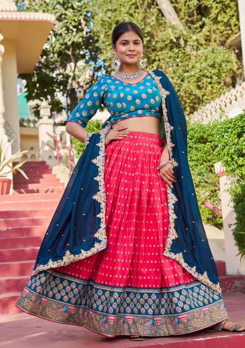 Pink embroidered Viscose Lehenga Set With Dupatta