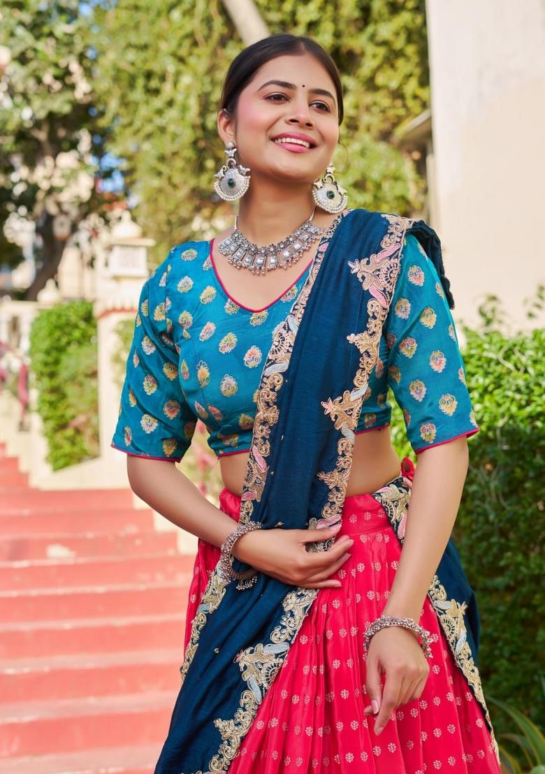 Pink embroidered Viscose Lehenga Set With Dupatta