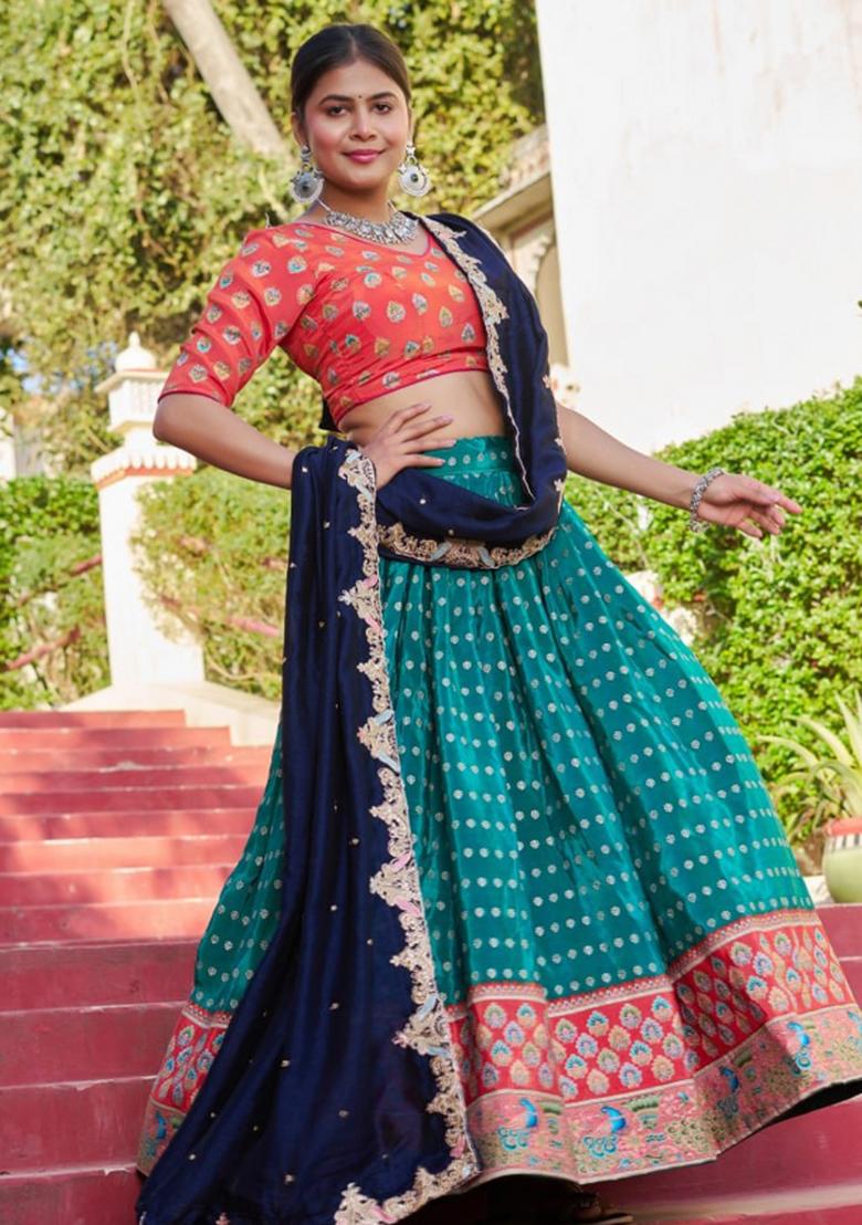 Teal Blue embroidered Viscose Lehenga Set With Dupatta