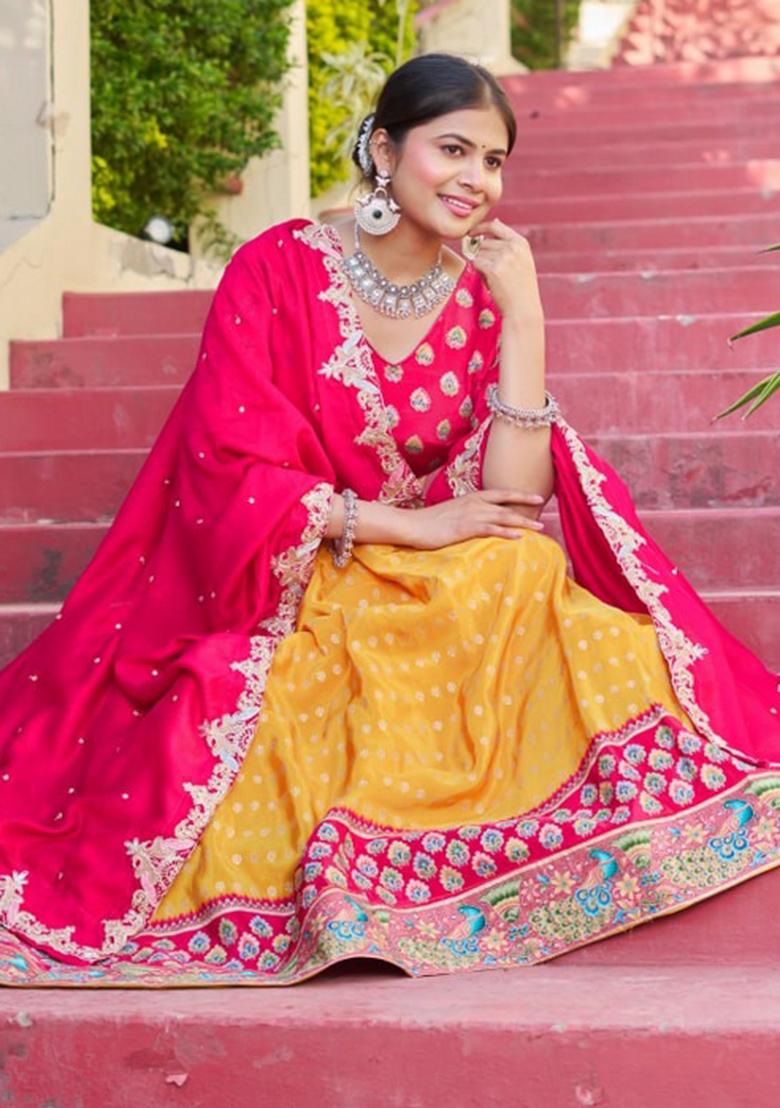 Yellow embroidered Viscose Lehenga Set With Dupatta