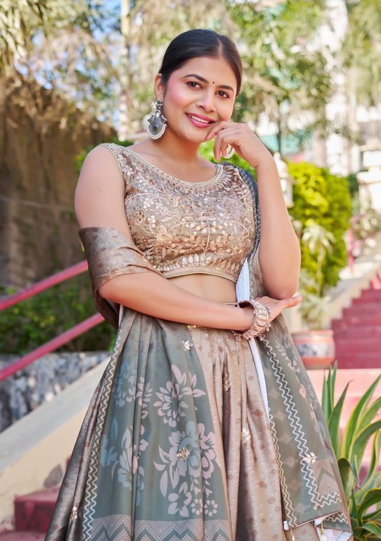 Beige embroidered Poly Blend Lehenga Set With Dupatta