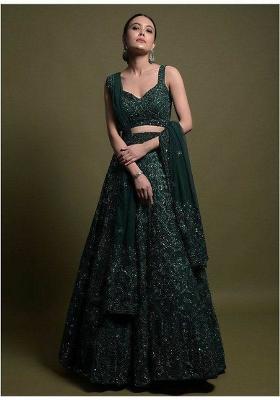 Green embroidered Net Lehenga Set With Dupatta