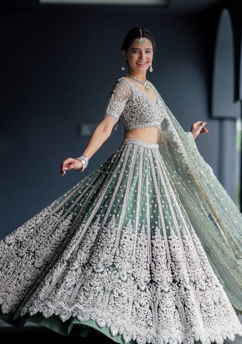 Pista Green embroidered Net Lehenga Set With Dupatta