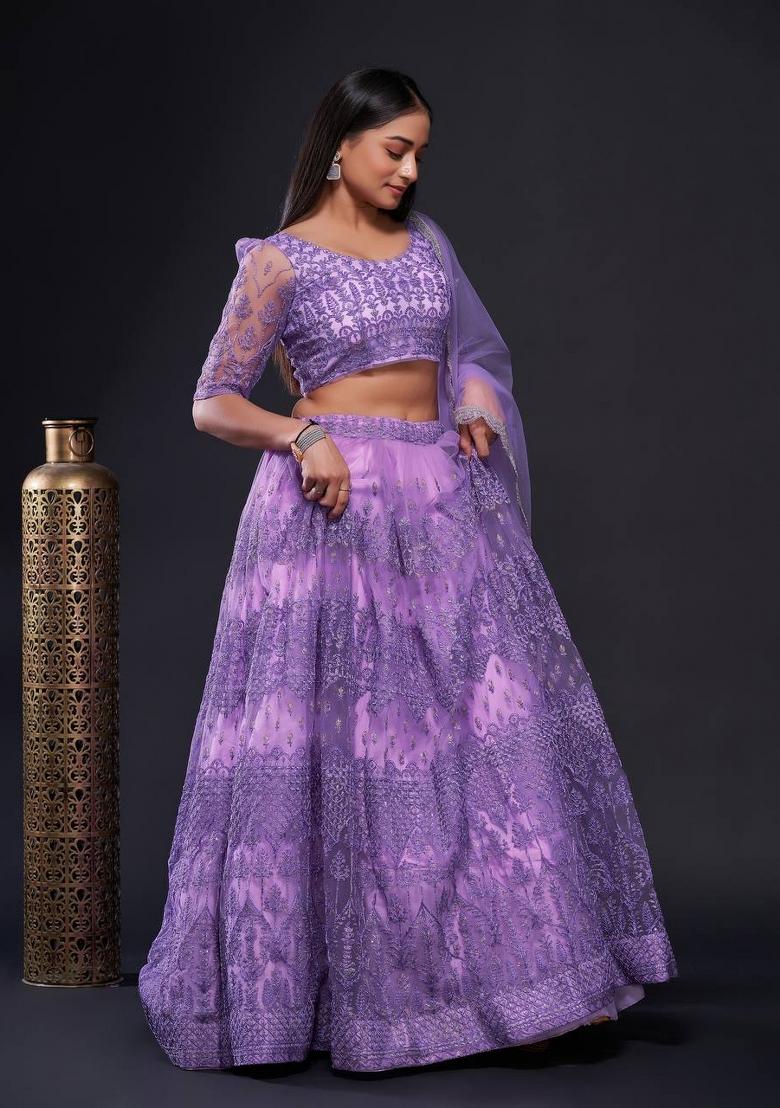 Lavender embroidered Net Lehenga Set With Dupatta