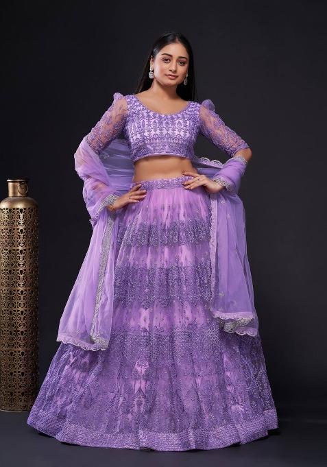 Lavender embroidered Net Lehenga Set With Dupatta