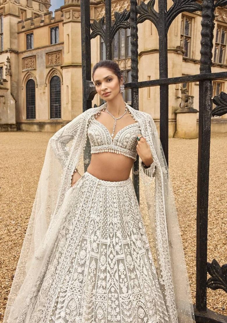 White embroidered Net Lehenga Set With Dupatta