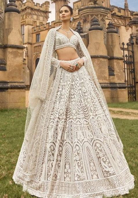 White embroidered Net Lehenga Set With Dupatta