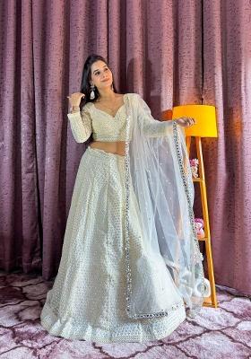 White embroidered Georgette Lehenga Set With Dupatta