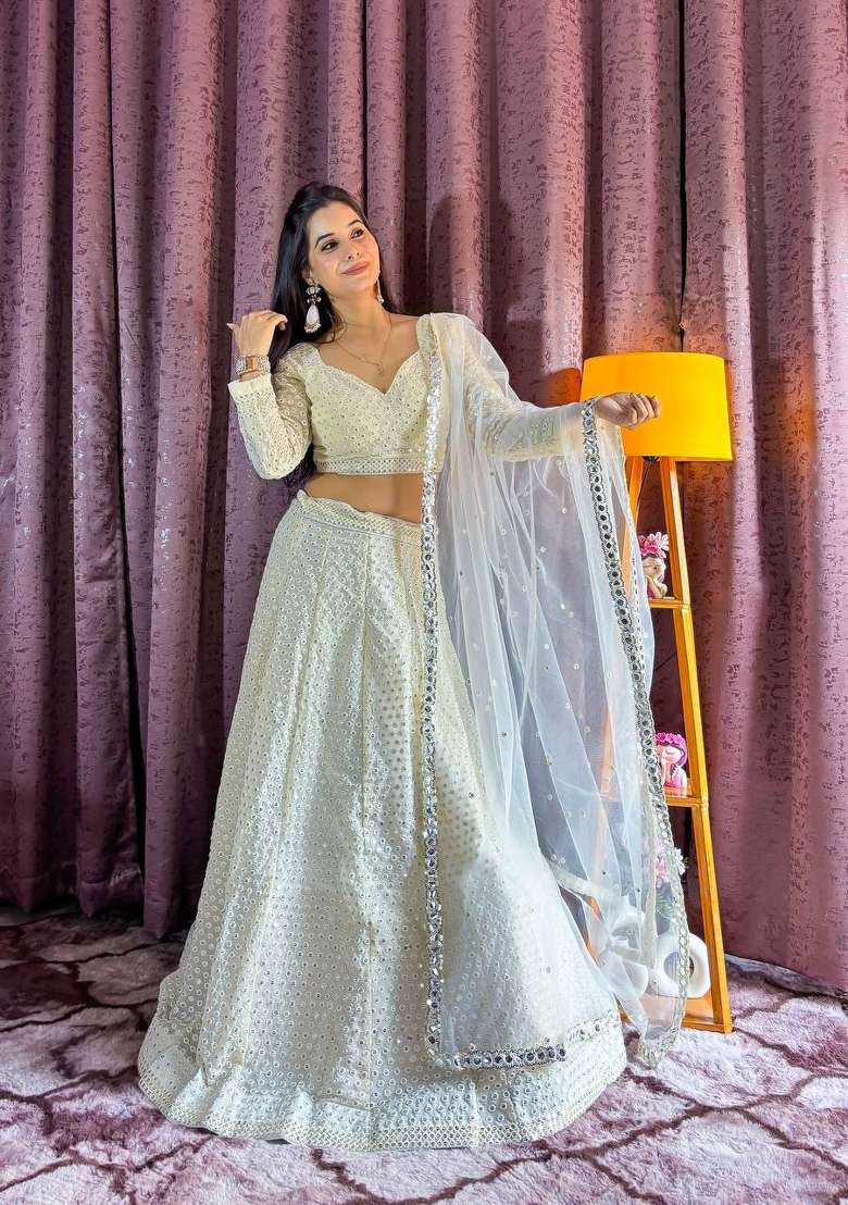 White embroidered Georgette Lehenga Set With Dupatta for Diwali and Festive Wear - Indya