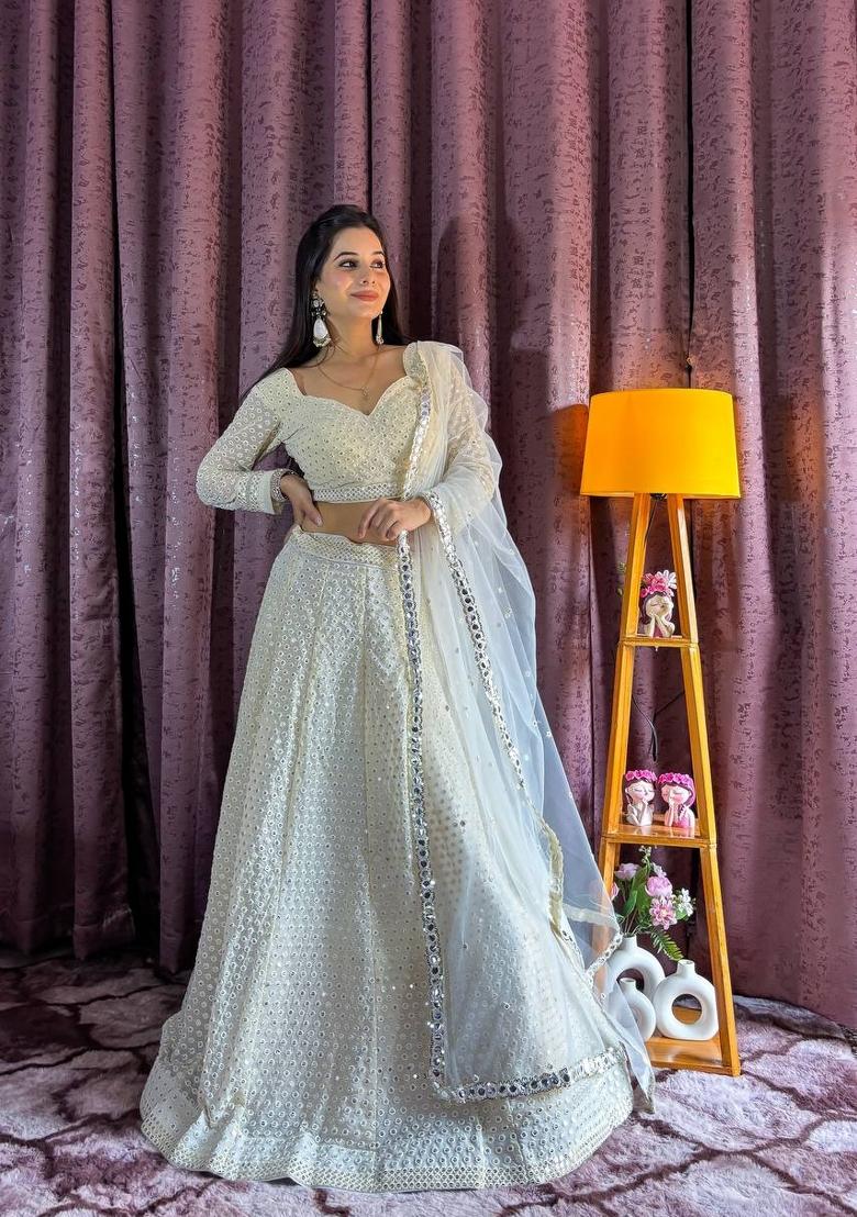 White embroidered Georgette Lehenga Set With Dupatta