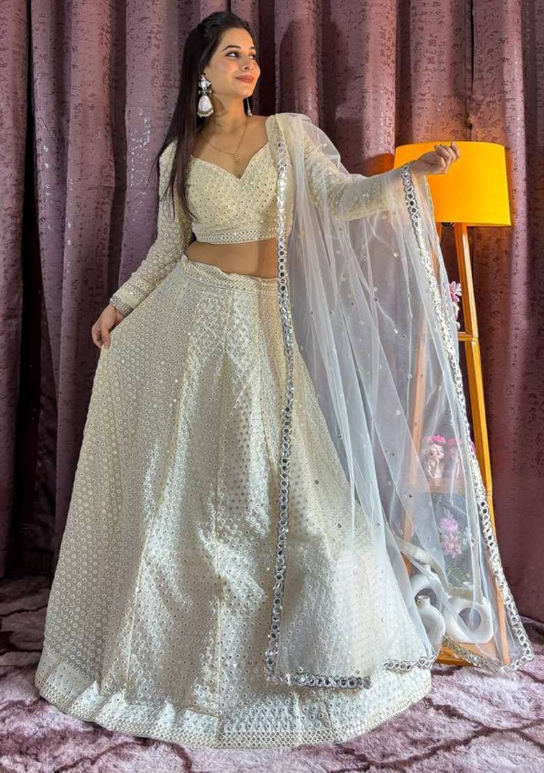 White embroidered Georgette Lehenga Set With Dupatta for Diwali and Festive Wear - Indya