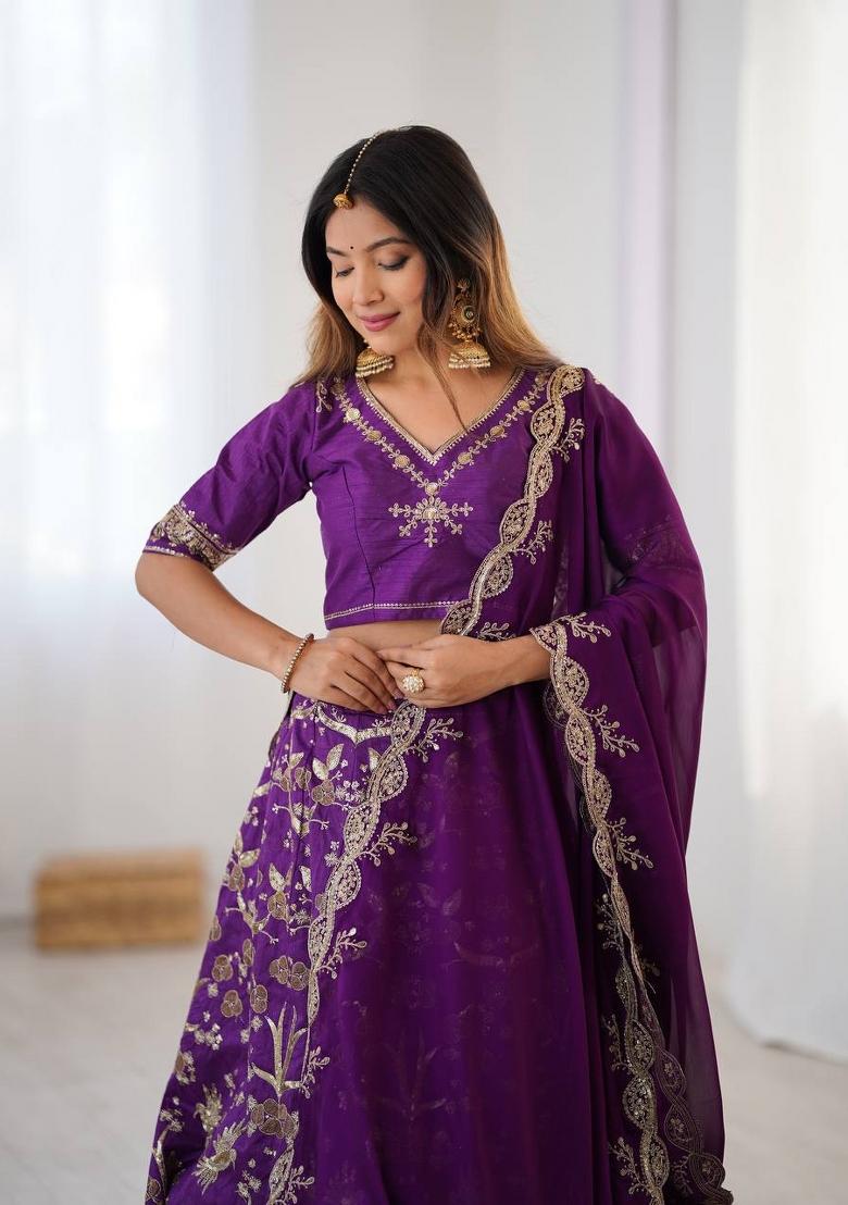 Purple embroidered Viscose Lehenga Set With Dupatta