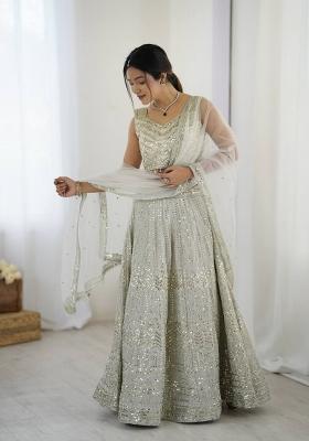 Grey embroidered Georgette Lehenga Set With Dupatta