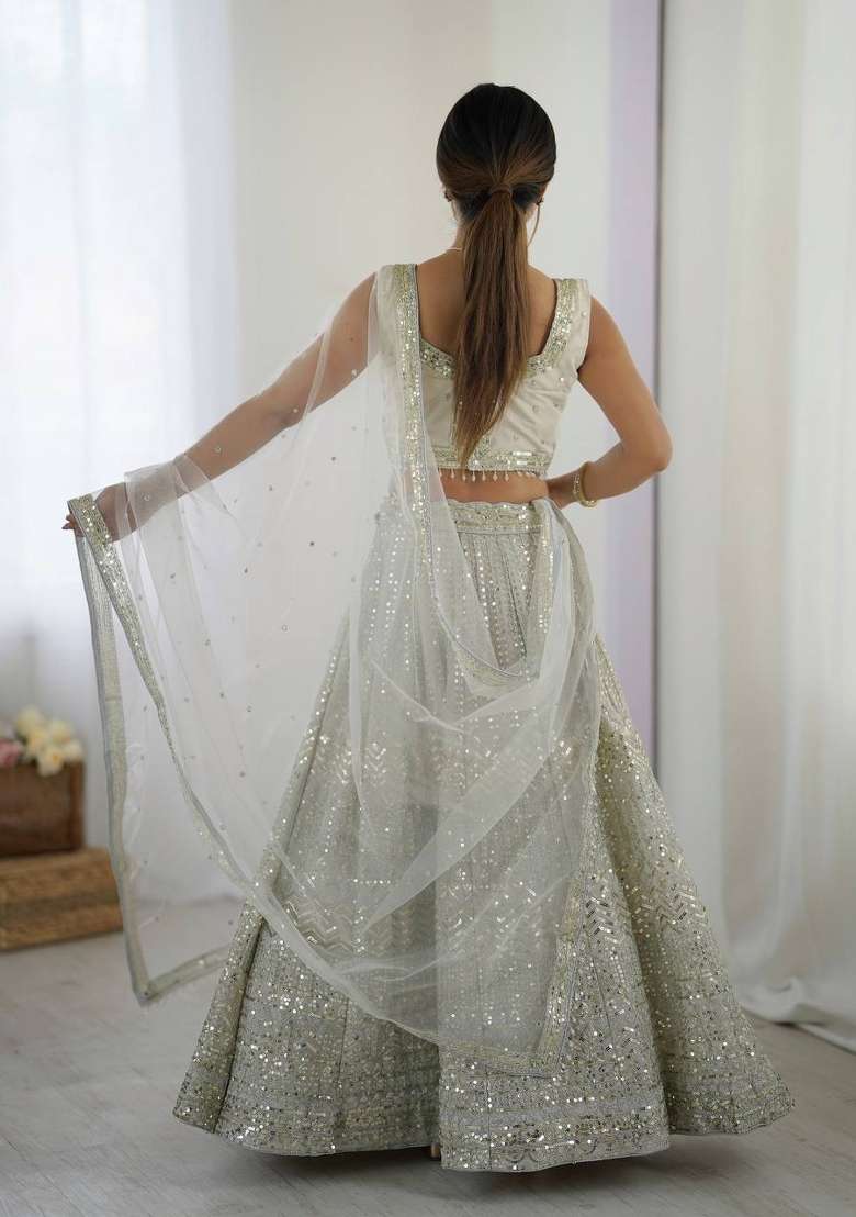 Grey embroidered Georgette Lehenga Set With Dupatta for Diwali and Festive Wear - Indya