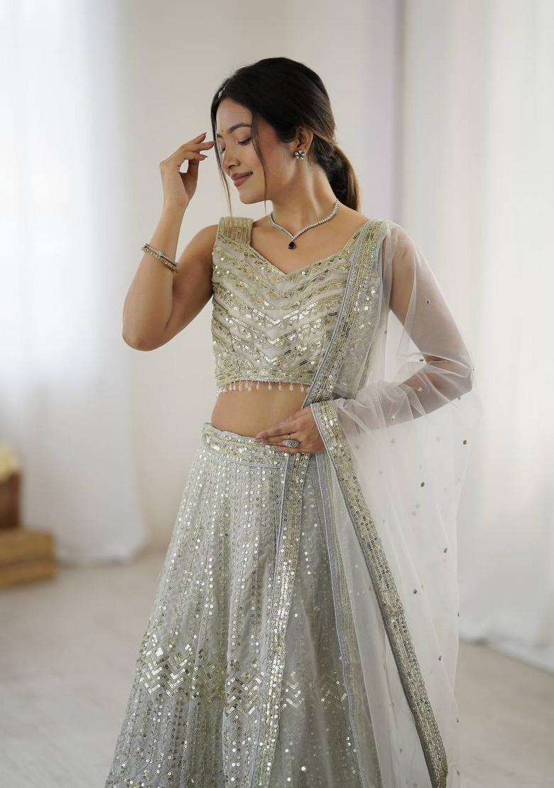Grey embroidered Georgette Lehenga Set With Dupatta