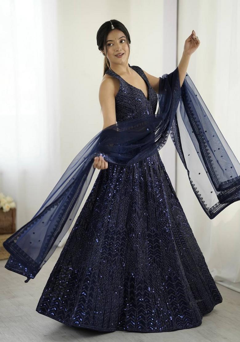 Blue embroidered Net Lehenga Set With Dupatta