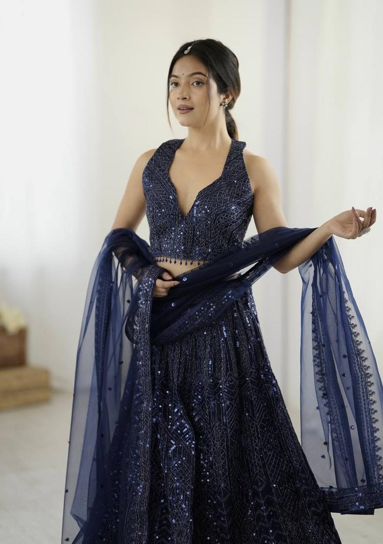 Blue embroidered Net Lehenga Set With Dupatta